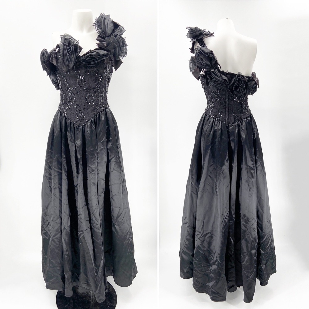 Vintage Jessica McClintock Black Satin One Shoulder Gown Beaded Tulle Flowers